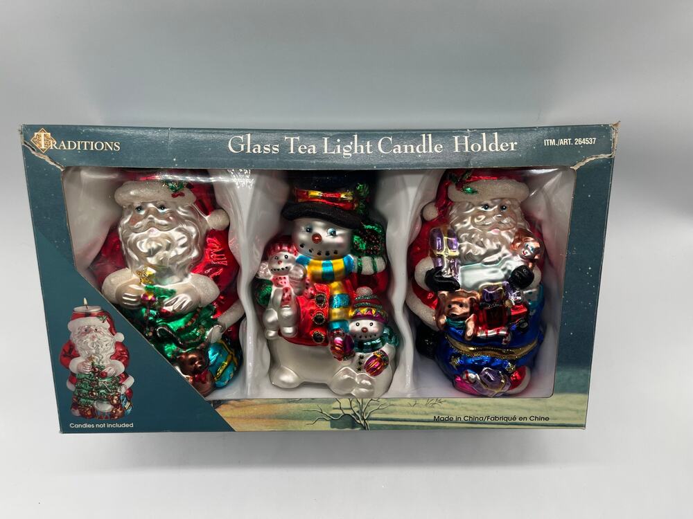 Traditions Hand Blown Glass Santa Snowman Tea Light Candle Holder Set #264537